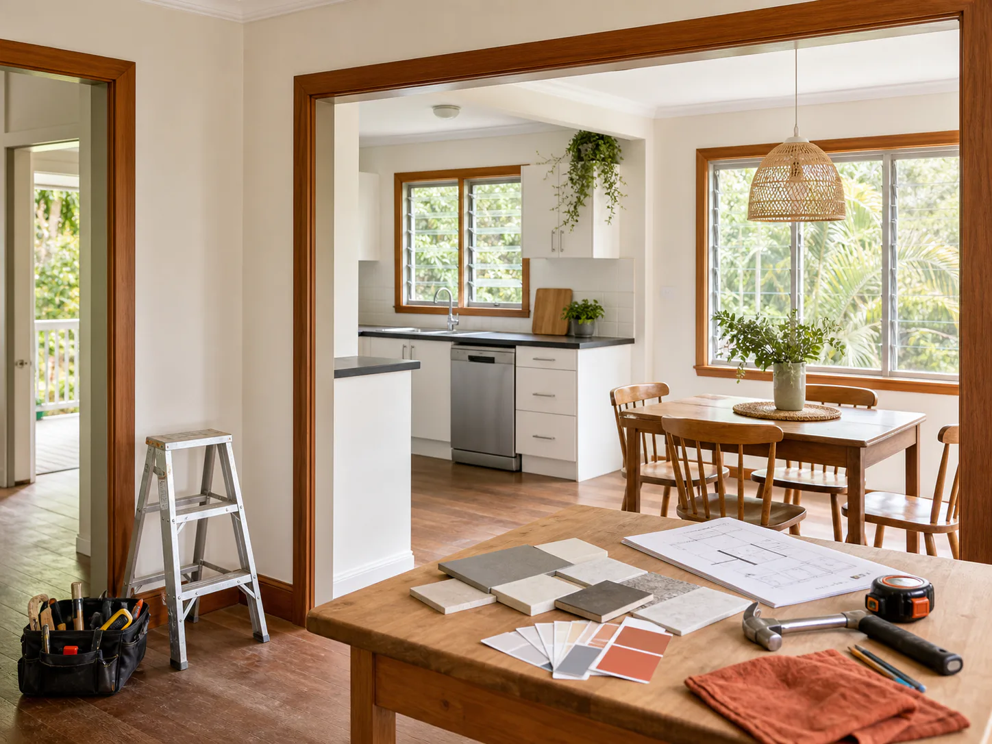 Warm timber-framed Brisbane home interior with renovation plans and material samples